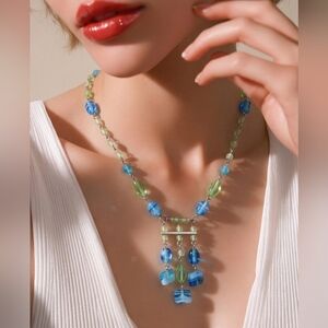 Vintage Czech handmade beaded  pressed glass necklace Blue Green
